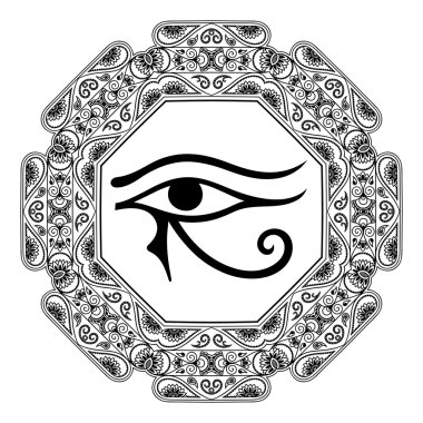 Mandala şeklinde dairesel desende. Antik sembolü Göz Horus. Mısır Moon işareti - Horus göz yaptı. Güçlü Firavunlar muska. Oryantal tarzda dekoratif desen.
