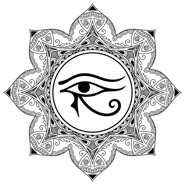 Patrón circular en forma de mandala. El antiguo símbolo Ojo de Horus. Signo de luna egipcio - Ojo izquierdo de Horus. Poderoso amuleto de faraones. Patrón decorativo en estilo oriental . — Vector de stock