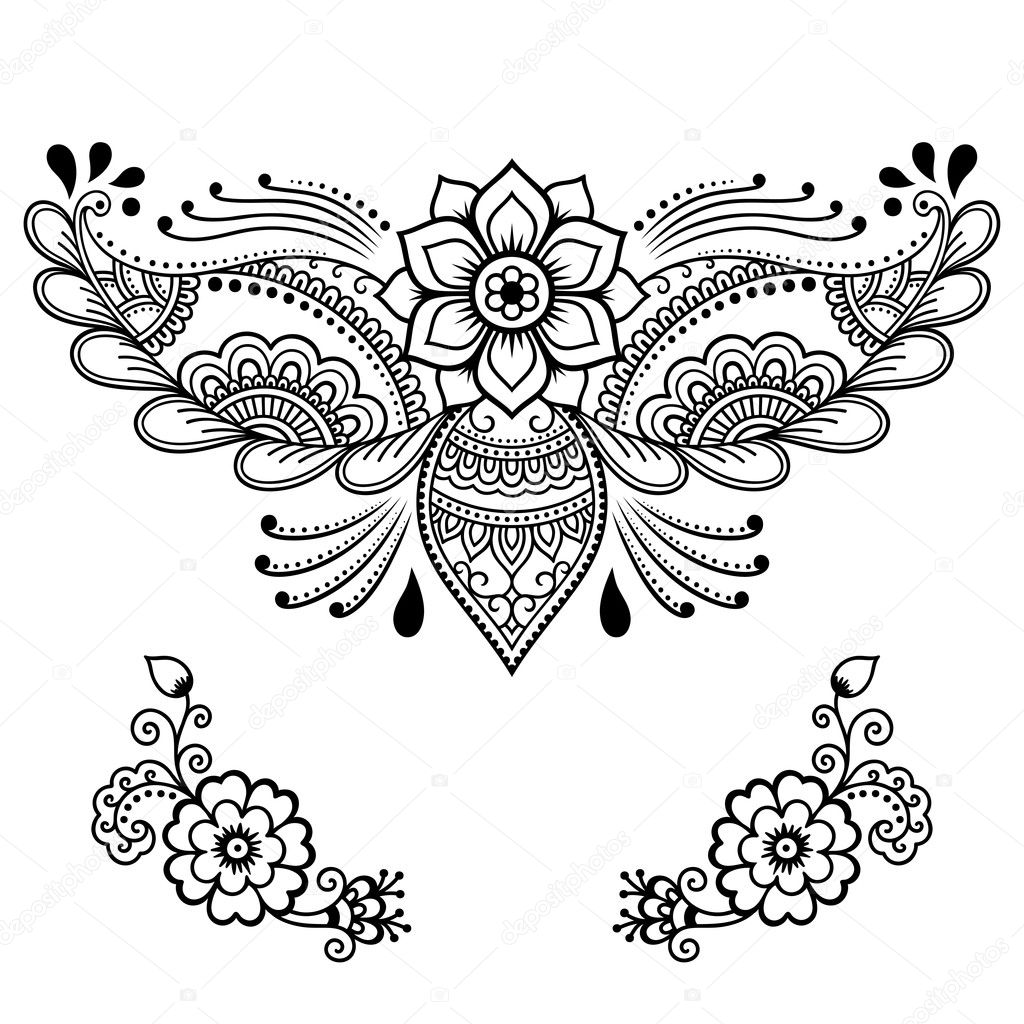 Henna tattoo flower template. Mehndi style. Set of ornamental patterns in the oriental style.