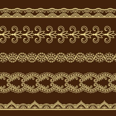 Tasarım ve kına uygulanması için sorunsuz kenarlık kümesi. Mehndi stili.