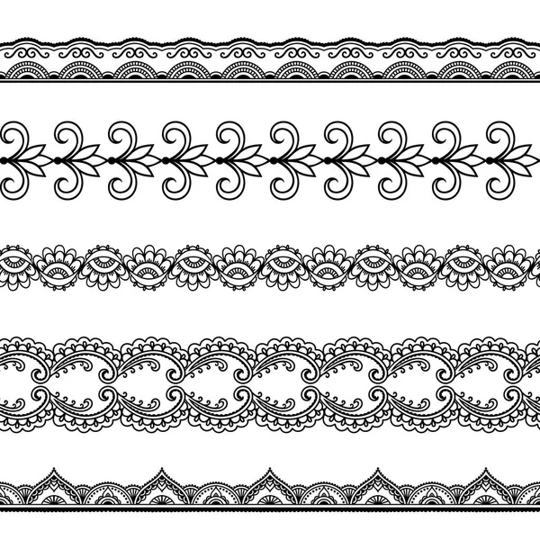 Set di bordi senza cuciture per la progettazione e l'applicazione di hennè. Stile Mehndi . — Vettoriale Stock