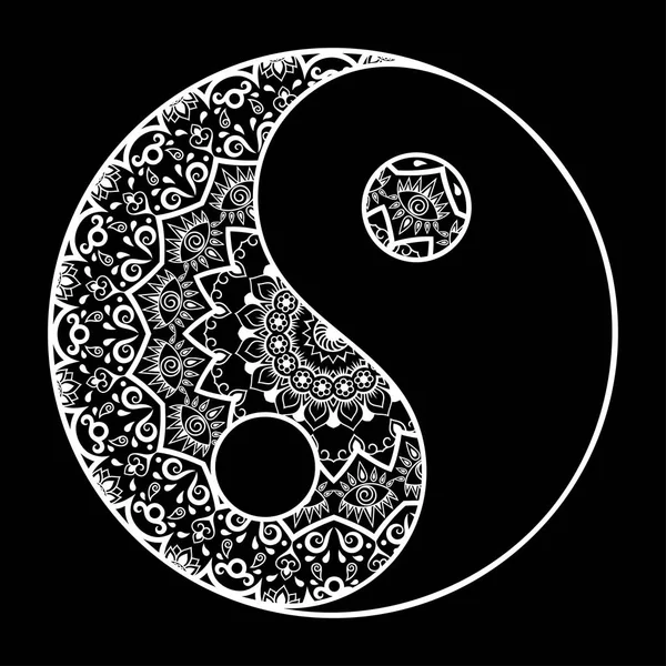 Bir mandala şeklinde dairesel desende. Yin-yang dekoratif sembolü. Eski işareti bir hormon. Mehndi tarzı. Dekoratif desen oryantal tarzı. Hint tarzı kına dövme deseni.