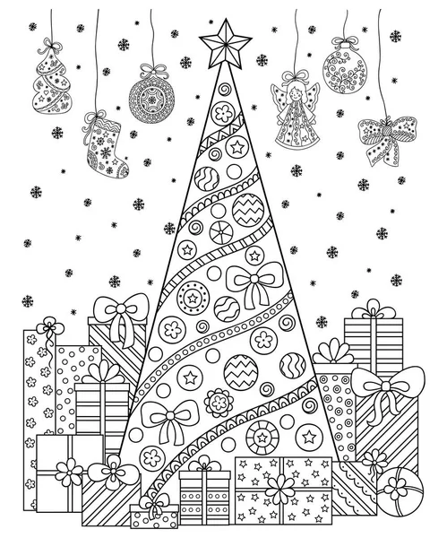 Doodle desen siyah ve beyaz. Noel süsleri, Noel ağacı, hediyeler, kar ve flamalar. Festival atmosferi - boyama kitabı çocuklar ve yetişkinler için.