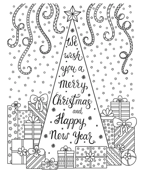 Patrón Doodle. Lettering Te deseamos una Feliz Navidad y Feliz Año Nuevo. Decoraciones de Navidad, árbol de Navidad, regalos, nieve y arroyos. Ambiente festivo - libro para colorear para niños y adultos . — Archivo Imágenes Vectoriales