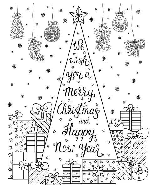 Doodle patroon. Belettering wij wensen u een vrolijk kerstfeest en gelukkig Nieuwjaar. Kerstversiering, kerstboom, geschenken, sneeuw en wimpels. Feestelijke sfeer - coloring boek voor kinderen en volwassenen. — Stockvector
