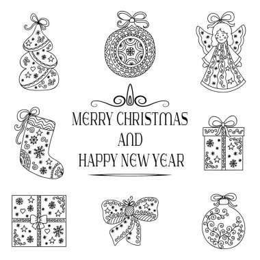 Festival metin tebrik neşeli Noel ve mutlu yeni yıl. Tatil, kartpostallar, kapaklar ve hediye paketleri için süs tasarım öğeleri kümesi.