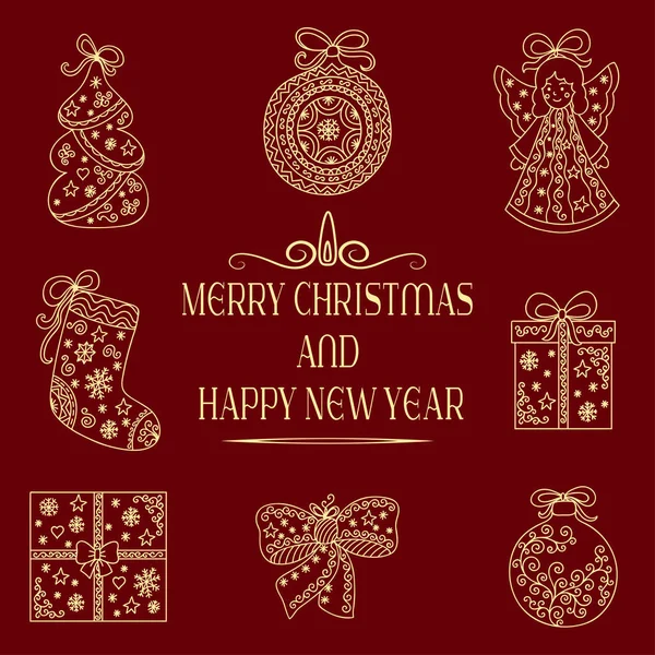 Festival metin tebrik neşeli Noel ve mutlu yeni yıl. Tatil, kartpostallar, kapaklar ve hediye paketleri için süs tasarım öğeleri kümesi. — Stok Vektör
