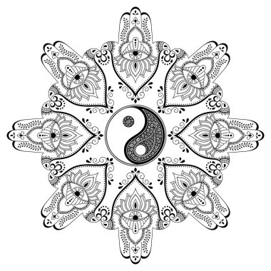 Vektör kına dövme mandala. Yin-yang dekoratif sembolü. Mehndi tarzı. Mehndi tarzı. Dekoratif desen oryantal tarzı. Boyama kitabı sayfası.