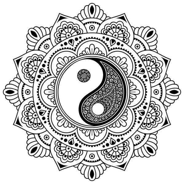 Vektör kına dövme mandala. Yin-yang dekoratif sembolü. Mehndi tarzı. Mehndi tarzı. Dekoratif desen oryantal tarzı. Boyama kitabı sayfası.