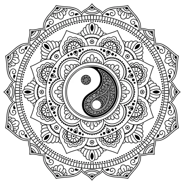 Vector henna tattoo mandala. Yin-yang decoratieve symbool. Mehndi stijl. Mehndi stijl. Decoratief patroon in oosterse stijl. Boek kleurplaat. — Stockvector