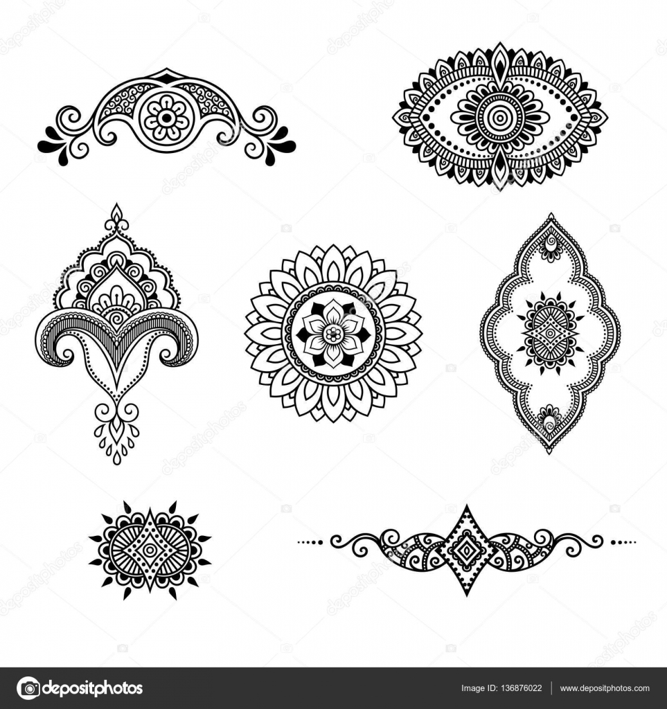 Henna Tattoo Blume Vorlage. mehndiStil. Reihe ornamentaler Muster im