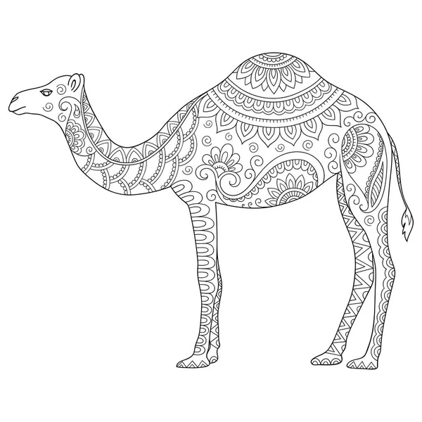 Doodle camello estilizado. Boceto para colorear libro, póster, impresión o tatuaje. Dibujado a mano vector ilustración garabato animal. Página para colorear antiestrés para adultos . — Vector de stock
