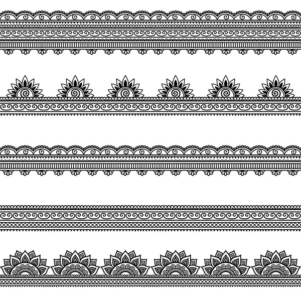 Conjunto de bordes sin costura para el diseño y aplicación de henna. Estilo Mehndi. Patrón decorativo en estilo oriental . — Vector de stock
