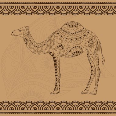 Tasarım ve kına uygulanması için stilize deve ve kesintisiz Kenarlıklar doodle. Poster için yazdırma, kroki veya dövme. Elle çizilmiş vektör çizim doodle hayvan.