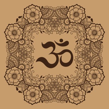 Bir mandala şeklinde dairesel desende. OM dekoratif sembolü. Mehndi tarzı. Antik Hindu mantra OM ile oryantal tarzda dekoratif desen Hint tarzı kına dövme deseni.