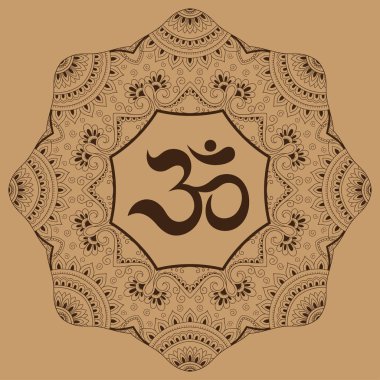 Bir mandala şeklinde dairesel desende. OM dekoratif sembolü. Mehndi tarzı. Antik Hindu mantra OM ile oryantal tarzda dekoratif desen Hint tarzı kına dövme deseni.