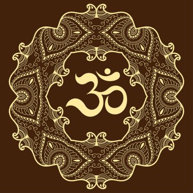 Bir mandala şeklinde dairesel desende. OM dekoratif sembolü. Mehndi tarzı. Antik Hindu mantra OM ile oryantal tarzda dekoratif desen Hint tarzı kına dövme deseni.