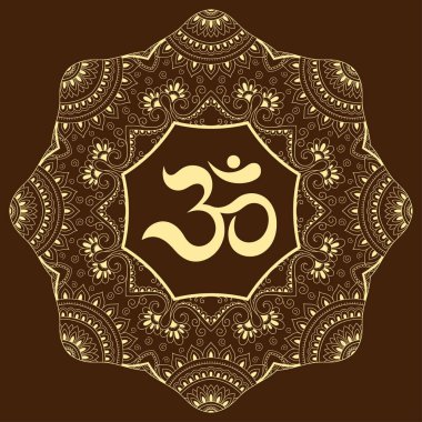 Bir mandala şeklinde dairesel desende. OM dekoratif sembolü. Mehndi tarzı. Antik Hindu mantra OM ile oryantal tarzda dekoratif desen Hint tarzı kına dövme deseni.
