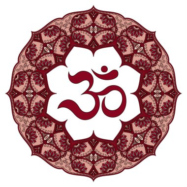 Renkli mandala Ohm simgesiyle. Antik Hindu mantra Om ile oryantal tarzda dekoratif desen.