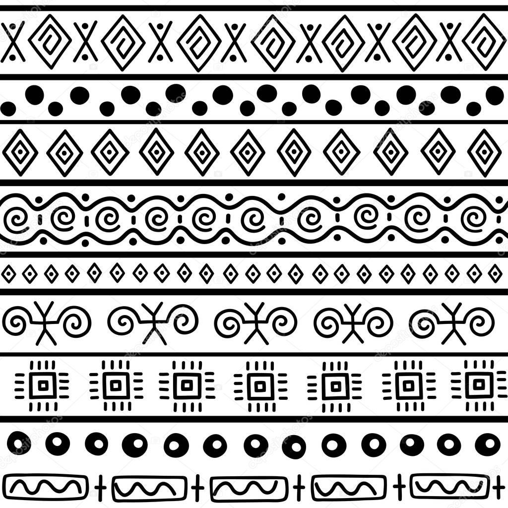 Seamless pattern in ethnic style. Ornamental element African theme. Set of seamless vintage decorative tribal border. Traditional African pattern background with tribal elements form.