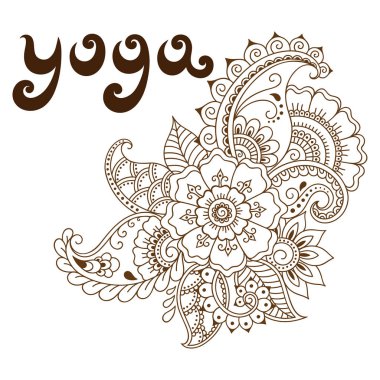 Yoga - retro tarzı yazı. Kına dövme çiçek şablon. Mehndi tarzı. Oryantal tarzı süs kalıpları.