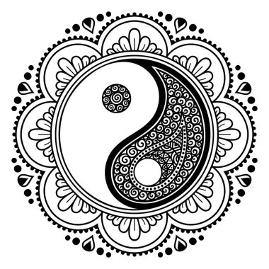 Vektör kına dövme mandala. Yin-yang dekoratif sembolü. Mehndi tarzı. Mehndi tarzı. Dekoratif desen oryantal tarzı. Boyama kitabı sayfası.