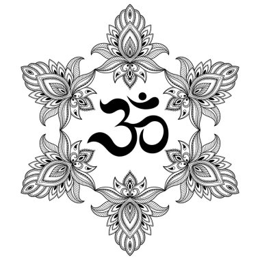 Bir mandala şeklinde dairesel desende. OM dekoratif sembolü. Mehndi tarzı. Antik Hindu mantra OM ile oryantal tarzda dekoratif desen Hint tarzı kına dövme deseni.