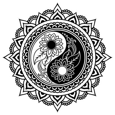 Vektör kına dövme mandala. Yin-yang dekoratif sembolü. Mehndi tarzı. Mehndi tarzı. Dekoratif desen oryantal tarzı. Boyama kitabı sayfası.