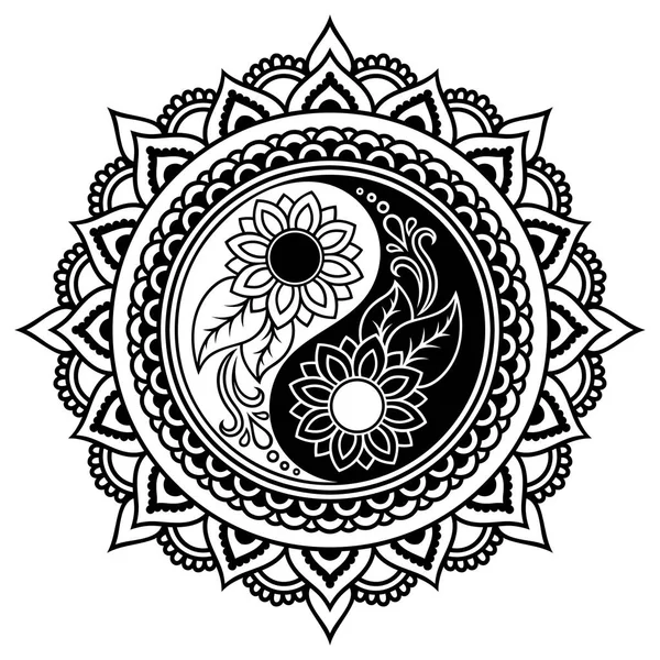 Vector henna tattoo mandala. Yin-yang decoratieve symbool. Mehndi stijl. Mehndi stijl. Decoratief patroon in oosterse stijl. Boek kleurplaat. — Stockvector