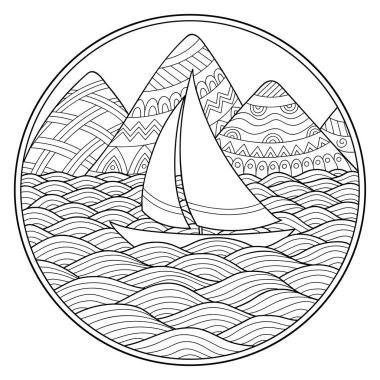 Doodle desen siyah ve beyaz. Boyama kitabı için manzara desen. Dağlar, nehirler, hills, deniz, gemi, yat, kıyı, yelken, dalga, okyanus, - Yetişkin ve çocuklar için boyama kitabı.