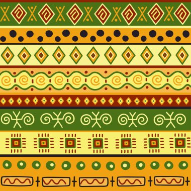 Kesintisiz renk desen Etnik tarzda. Süs öğesi Afrika Tema. Sorunsuz vintage dekoratif kabile kenarlık kümesi. Kabile öğeleri formu ile geleneksel Afrika desen arka plan.