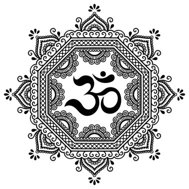 Bir mandala şeklinde dairesel desende. OM dekoratif sembolü. Mehndi tarzı. Antik Hindu mantra OM ile oryantal tarzda dekoratif desen Hint tarzı kına dövme deseni.