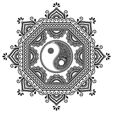Vektör kına dövme mandala. Yin-yang dekoratif sembolü. Mehndi tarzı. Dekoratif desen oryantal tarzı. Boyama kitabı sayfası.