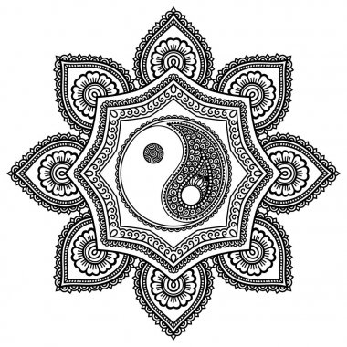 Vektör kına dövme mandala. Yin-yang dekoratif sembolü. Mehndi tarzı. Dekoratif desen oryantal tarzı. Boyama kitabı sayfası.