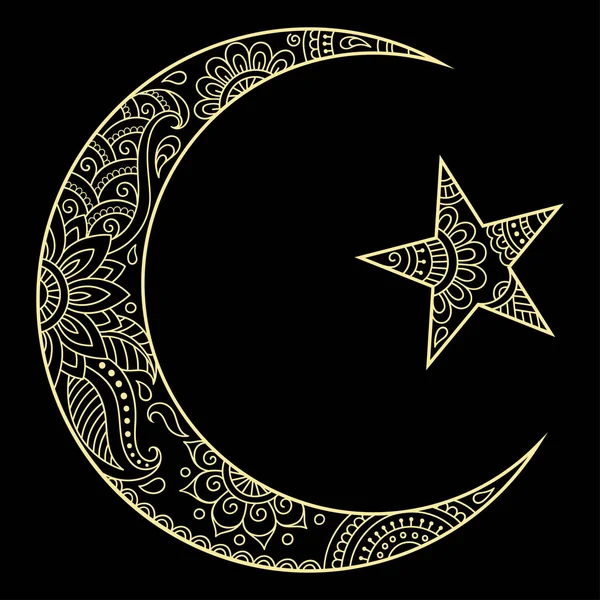 Religieuze islamitische symbool van de ster en de halve maan. Decoratieve teken voor maken en tatoeages. Oost-islamitische symbool. — Stockvector