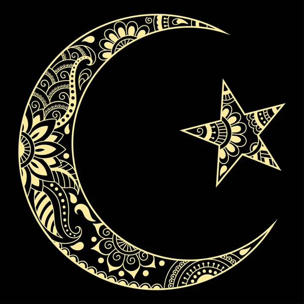 Religieuze islamitische symbool van de ster en de halve maan. Decoratieve teken voor maken en tatoeages. Oost-islamitische symbool. — Stockvector