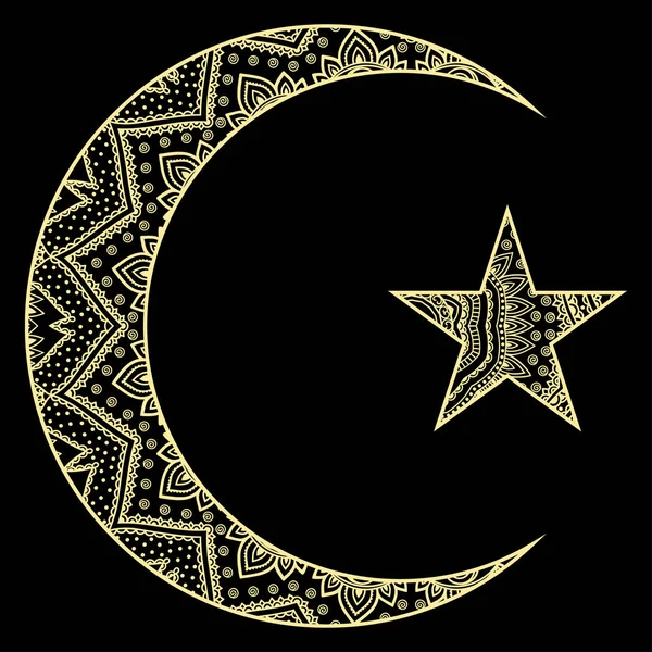 Religieuze islamitische symbool van de ster en de halve maan. Decoratieve teken voor maken en tatoeages. Oost-islamitische symbool. — Stockvector