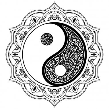 Vektör kına dövme mandala. Yin-yang dekoratif sembolü. Mehndi tarzı. Dekoratif desen oryantal tarzı. Boyama kitabı sayfası.