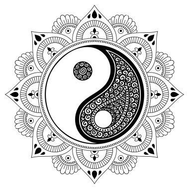 Vektör kına dövme mandala. Yin-yang dekoratif sembolü. Mehndi tarzı. Dekoratif desen oryantal tarzı. Boyama kitabı sayfası.