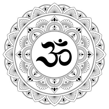 Bir mandala şeklinde dairesel desende. OM dekoratif sembolü. Mehndi tarzı. Antik Hindu mantra OM ile oryantal tarzda dekoratif desen Hint tarzı kına dövme deseni.