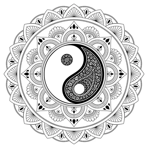 Vektör kına dövme mandala. Yin-yang dekoratif sembolü. Mehndi tarzı. Dekoratif desen oryantal tarzı. Boyama kitabı sayfası.
