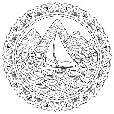 Doodle desen siyah ve beyaz. Manzara desen. Dağlar, nehirler, hills, deniz, tekne, yat, kıyı, yelken, dalga, okyanus - çocuklar için boyama kitabı. Bir mandala şeklinde dairesel bir desen.