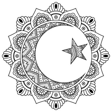 Dairesel bir desen bir mandala şeklinde. Yıldız ve hilal dini İslam sembolü. Dekoratif işareti yapımı ve dövmeler için. Doğu Müslüman sembolü. Mehndi stili.