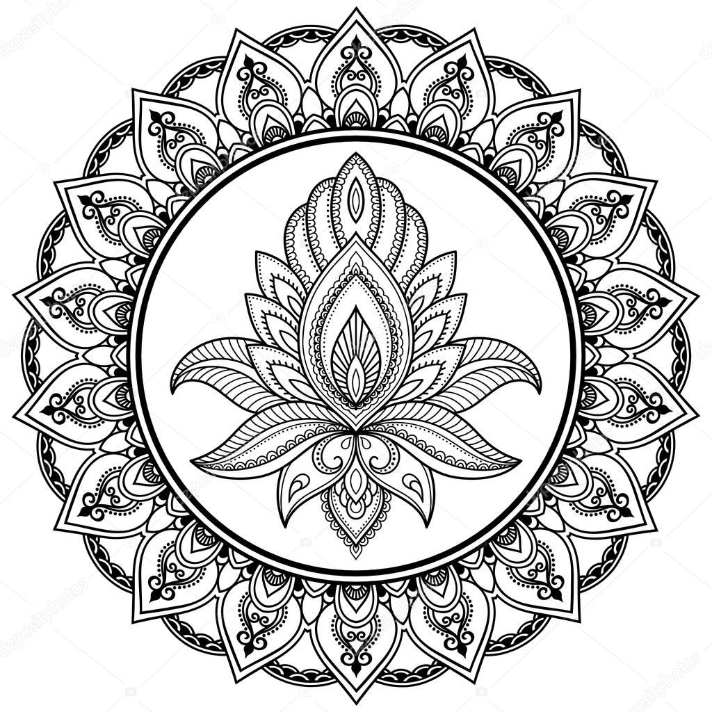 A circular pattern in the form of a mandala. Henna tattoo flower template in Indian style. Ethnic floral paisley - Lotus. Mehndi style. Decorative pattern in oriental style.