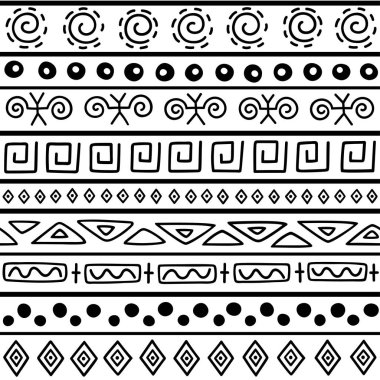 Dikişsiz desen Etnik tarzda. Süs öğesi Afrika Tema. Sorunsuz vintage dekoratif kabile kenarlık kümesi. Kabile öğeleri formu ile geleneksel Afrika desen arka plan.