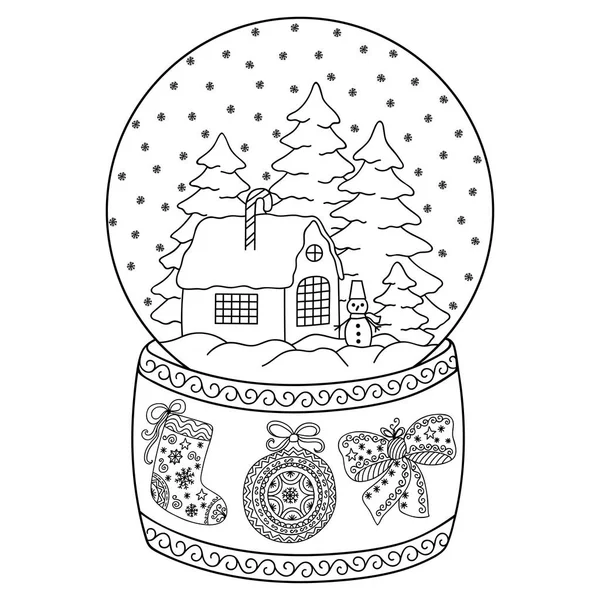 Ev oyuncak cam kar küresi. Yetişkinler ve çocuklar için boyama kitabı sayfası. Kış dekoratif desen - house, kar, Noel ağaçları, kardan adam, yay, top, çorap. — Stok Vektör