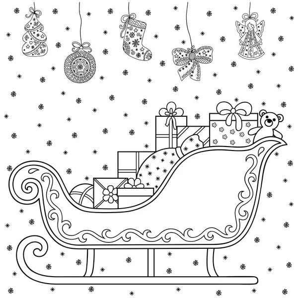 Yeni yıl Noel için süsleme için dekoratif tatil öğe. Tatil tasarım - oyuncaklar, hediyeler, atlı kızak ve Noel Baba. Boyama kitabı sayfası. — Stok Vektör
