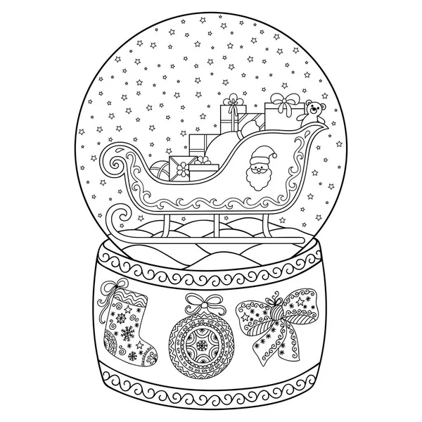 Oyuncak cam kar küresi ile Noel Baba kızağı. Yetişkinler ve çocuklar için boyama kitabı sayfası. Kış dekoratif desen - kızak, Noel Baba, Hediyelik, kar, yay, top, çorap. — Stok Vektör
