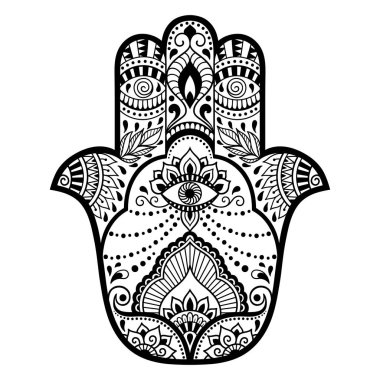 Vektör Hamza el çekilmiş sembolü. İç Dekorasyon ve kına çizimlerle oryantal tarzda dekoratif desen. Fatima'nın 