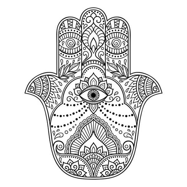 Vector hamsa símbolo dibujado a mano. Patrón decorativo en estilo oriental para la decoración de interiores y dibujos con henna. El símbolo antiguo de la "Mano de Fátima  ". — Vector de stock